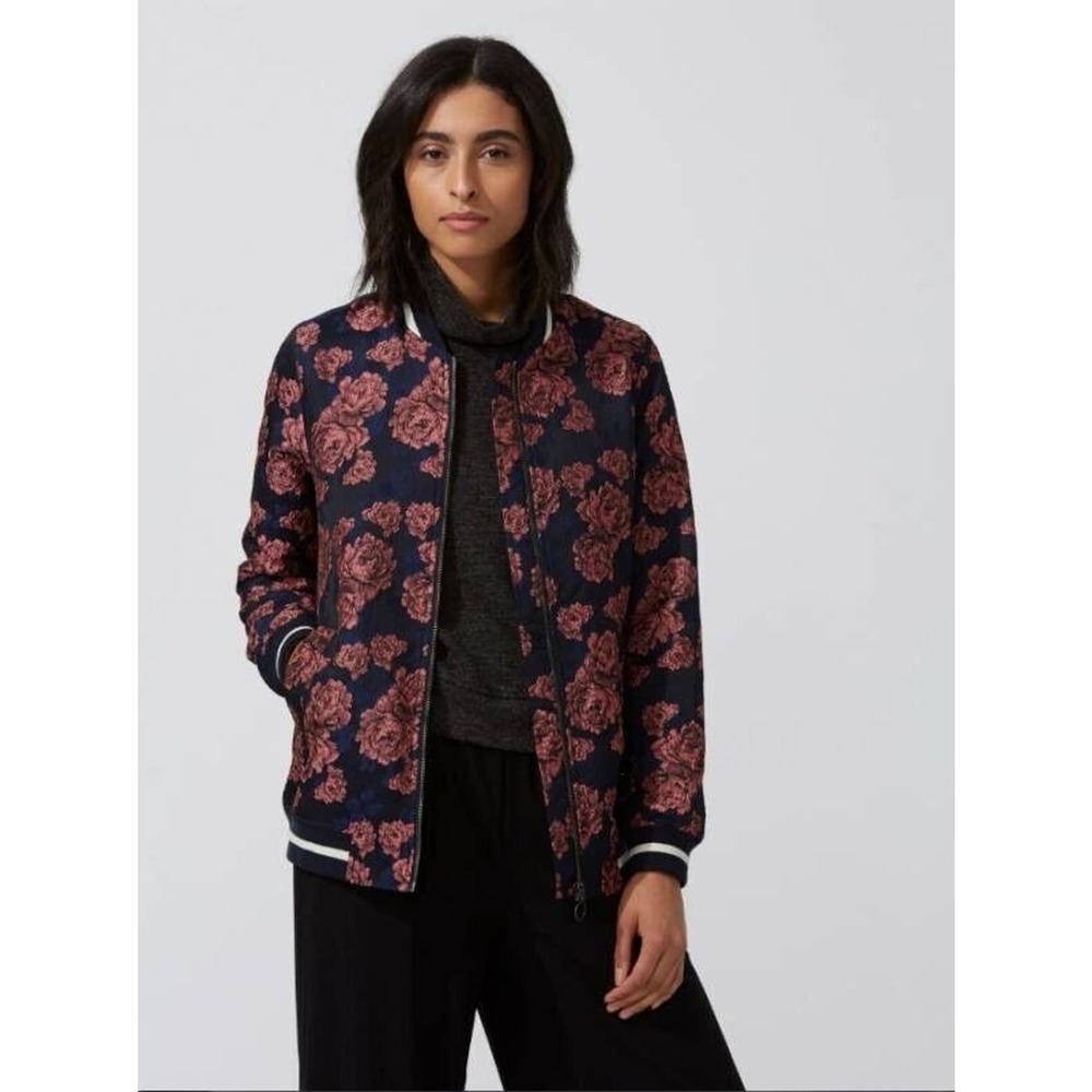 XS Frank and Oak Jacquard Floral Bomber Jacket Pink Navy Blue Embroidered Roses